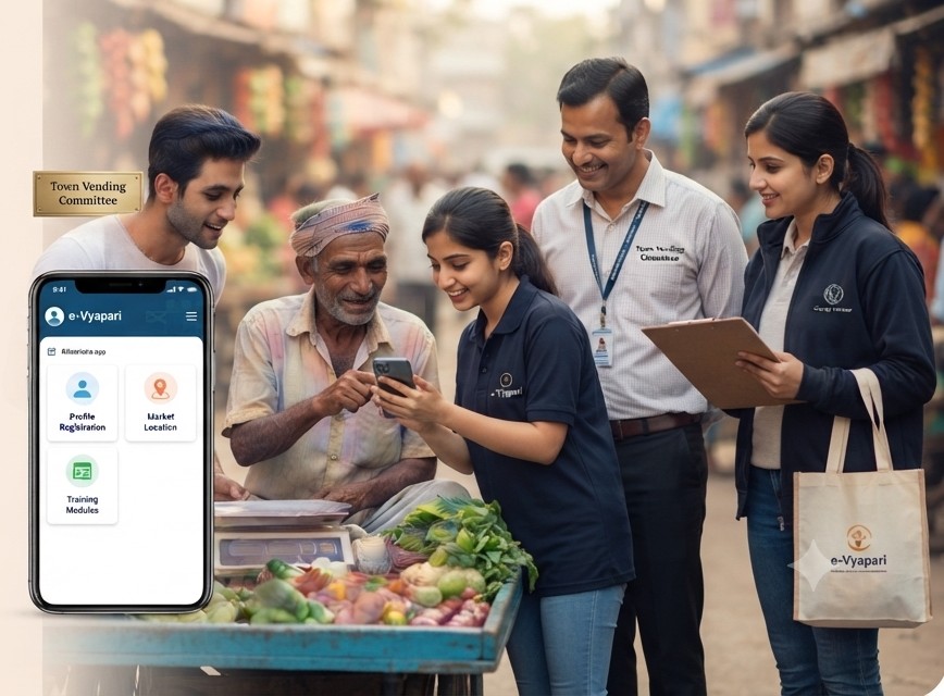 Foundation volunteers and a Town Vending Committee member helping a street vendor register on the e-Vyapari app